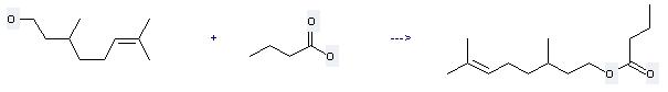 2,6-Dimethyl-2-octen-8-ol, butyrate can be prepared by butyric acid with 3,7-dimethyl-oct-6-en-1-ol.